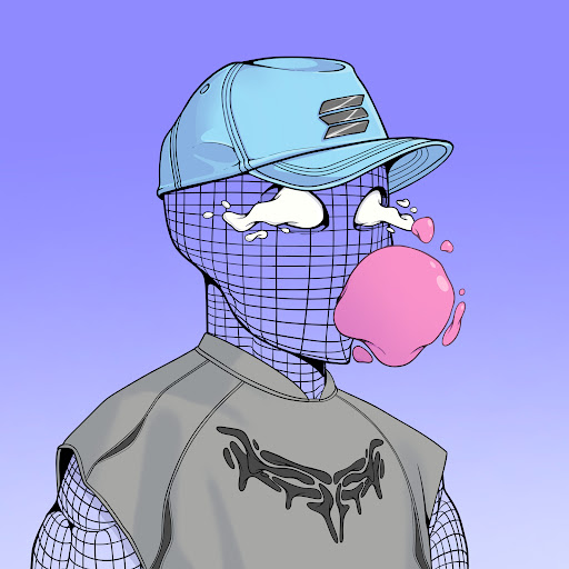 The image shows a cartoon-like depiction of a person wearing a blue baseball cap, with their face covered by a mesh patterned shirt featuring a black design, and they are blowing a pink bubble. The background appears to be a bright blue sky that contrasts with the image's color scheme, creating an interesting visual effect. The image also contains text that reads: "Picked up my Solana PFP from @Anomalybyarti & @Artifexr There is no better collection to represent the Solana trenches and the future bull market."