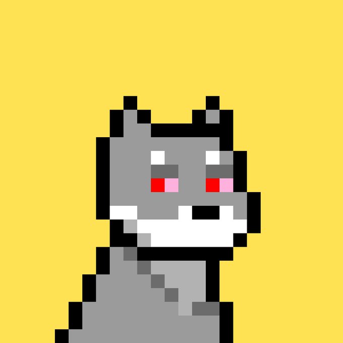 A pixel art style image of a gray cat-like character with red and pink eyes on a yellow background.