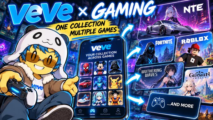 A promotional banner for 'VeVe x GAMING' featuring a panda-hooded character holding a controller, showcasing the VeVe app interface and various game franchises including NTE, Fortnite, Roblox, Wuthering Waves, and Genshin Impact.