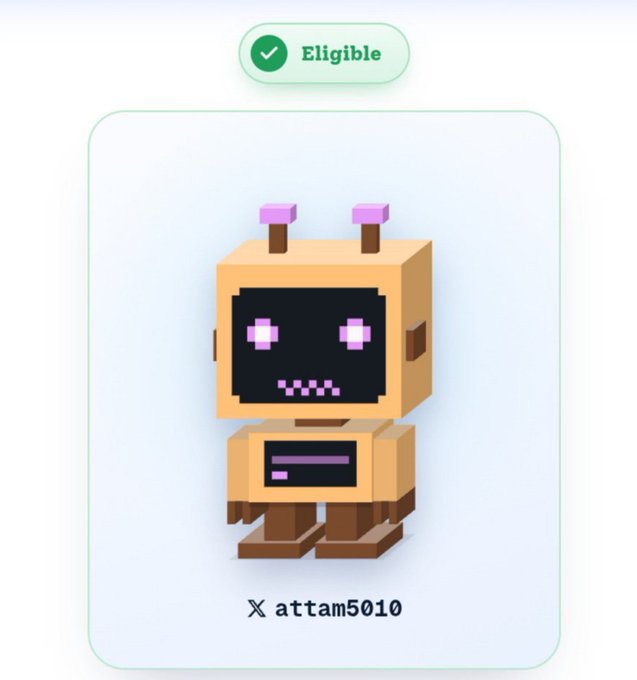 An 'Eligible' NFT featuring a voxel-style robot character with a pixelated purple smile, labeled 'X attam5010'.
