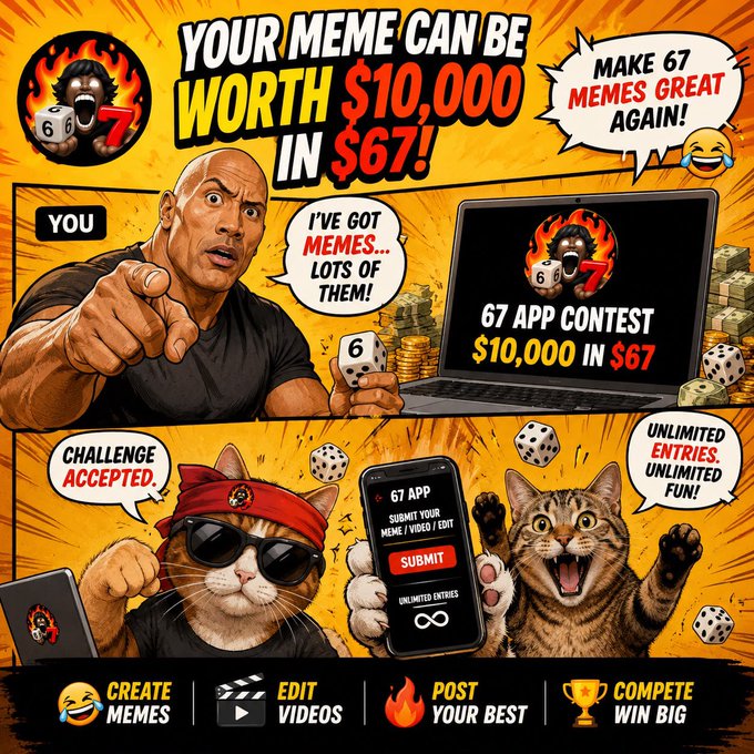 A vibrant promotional graphic for the "67 App Contest" advertises a $10,000 prize pool in $67 tokens, featuring cartoon mascots—including a muscular pointing man, a sunglasses-wearing cat, and an excited tabby—alongside speech bubbles declaring "Make 67 Memes Great Again" and "Unlimited Entries. Unlimited Fun!" The bold comic-style ad highlights steps to "Create Memes," "Edit Videos," "Post Your Best," and "Compete Win Big," perfectly matching the post's call to submit memes for the contest.