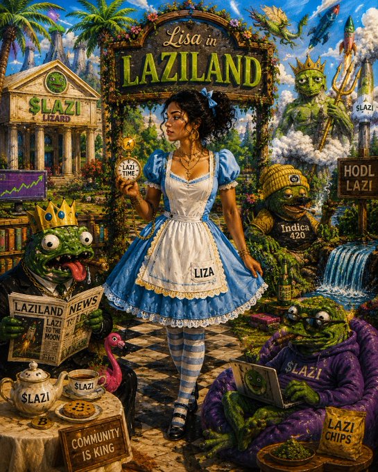 A colorful fantasy illustration titled 'Lisa in LAZILAND' featuring a woman in a blue and white dress surrounded by lizard-like creatures in a whimsical landscape with signs reading 'SLAZI LIZARD', 'Indica 420', and 'COMMUNITY IS KING'.