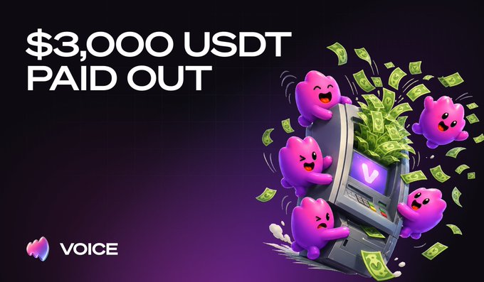 A promotional graphic announcing '$3,000 USDT PAID OUT' featuring pink mascot characters emerging from an ATM filled with cash, branded with the VOIIICE logo.