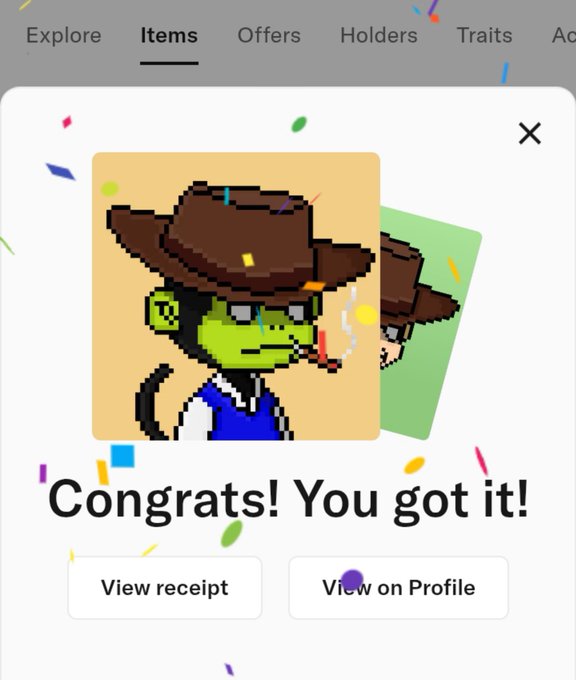 A mobile app screen showing a pop-up that reads 'Congrats! You got it!' featuring a pixel-art goblin character wearing a cowboy hat and smoking.