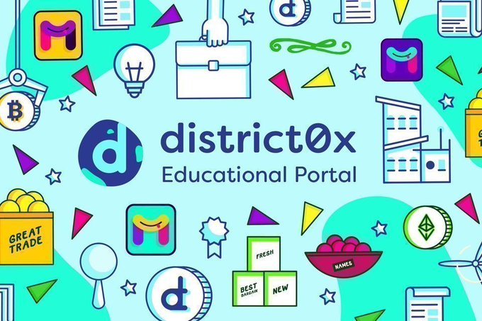 Colorful promotional graphic for the 'district0x Educational Portal' featuring a central logo and tagline surrounded by playful illustrations of crypto and marketplace items including a briefcase, lightbulb, Bitcoin coin, banana, shopping cart, and buildings labeled 'FRESH' and 'NEW'.