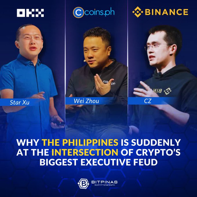 A news graphic from BitPinas shows Star Xu (OKX), Wei Zhou (Coins.ph), and CZ (Binance) with the headline 'WHY THE PHILIPPINES IS SUDDENLY AT THE INTERSECTION OF CRYPTO'S BIGGEST EXECUTIVE FEUD.'