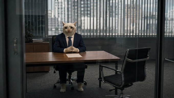 A surreal image of a cat in a business suit sitting at a desk in a corporate office setting with a city view through the window.