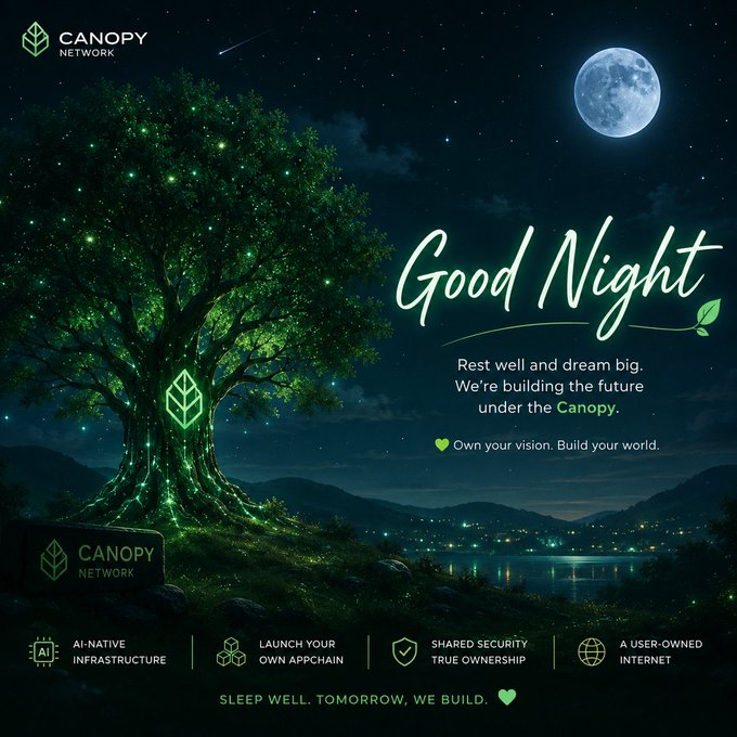The image features a tree with glowing green leaves, set against a dark night sky. The text "Good Night" is written above the tree, and there are several descriptions below the tree that seem to be related to the concept of blockchain or AI-assisted networks. The main focus of the post appears to be on promoting the idea of launching one's own blockchain without dealing with complexity using AI assistance.