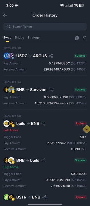 A mobile screenshot of an "Order History" screen showing multiple swap transactions dated between 2026-09-08 and 2026-09-18, including a successful USDC → ARGUS swap (5.19794 USDC), BNB → Survivors swap (0.00006937 BNB), and several expired/limit orders involving build, BSTR, and BNB. The image supports the post by showing the user's recent on-chain swap activity on Arc, including a small USDC transfer used for testing and NFT minting.