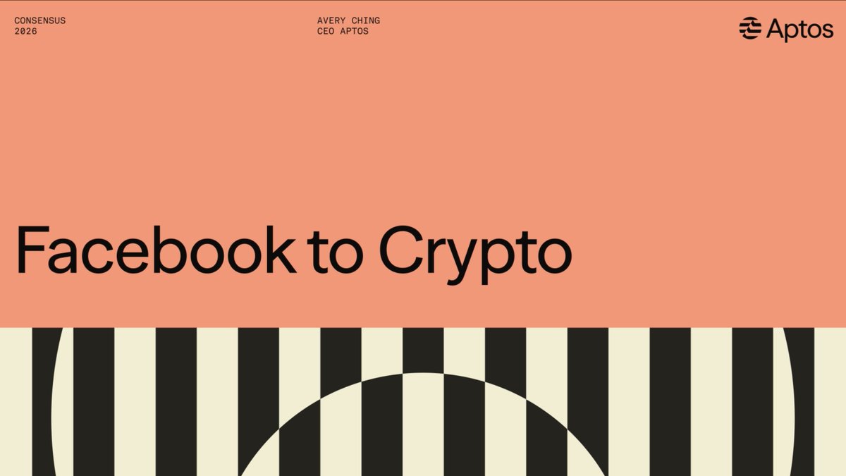 A conference slide titled "Facebook to Crypto" featuring Avery Ching, CEO of Aptos, at Consensus 2026, with the Aptos logo and a decorative black-and-cream striped pattern—visually introducing Ching's career transition from Facebook to leading the Aptos blockchain ecosystem mentioned in the post.