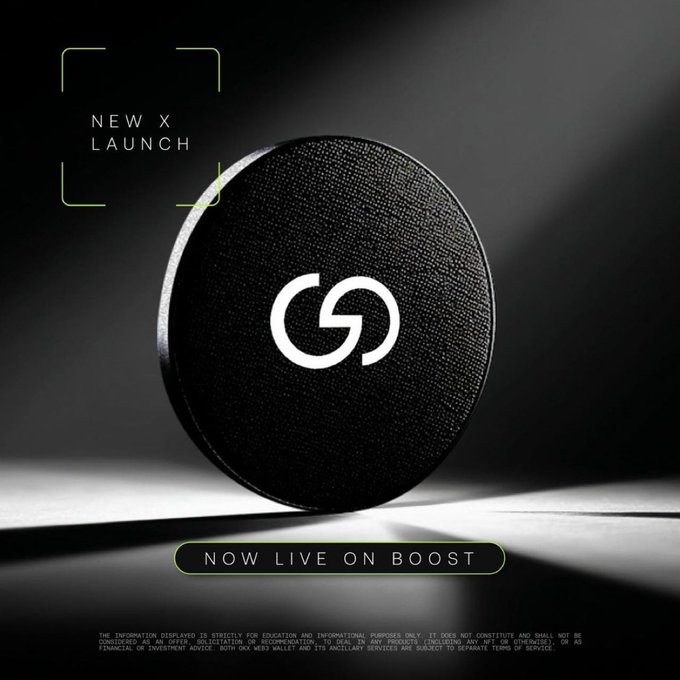 A sleek promotional image showcases a black circular disc with the white $GRVT logo, set against a dark backdrop with "NEW X LAUNCH" text in the upper left corner and "NOW LIVE ON BOOST" banner at the bottom, announcing GRVT's launch on the Boost platform.