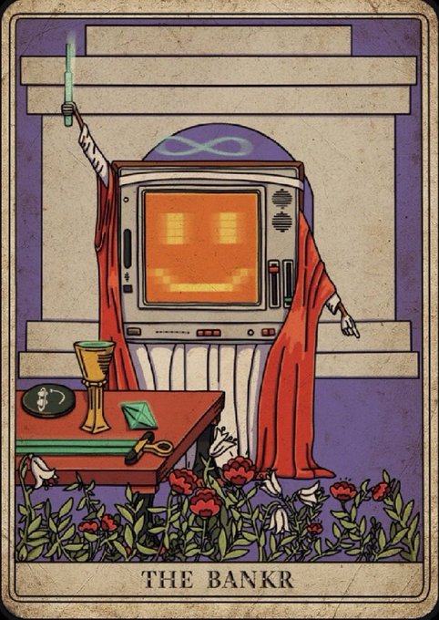 The image features a cartoon-style depiction of a television set, with a smiling face drawn on its screen. The television set is dressed in an orange robe and has a crown on its head. In front of the television set, there are two cups - one green and one yellow. A pair of scissors can also be seen near the television set. The background includes a purple wall adorned with flowers, which adds to the overall artistic and whimsical nature of the image. The post that accompanies this image reads: "The Bankr morning mfers".