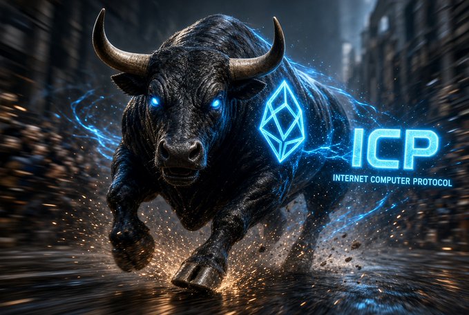 A digital artwork of a charging black bull with glowing blue eyes, accompanied by the 'ICP' logo and the text 'INTERNET COMPUTER PROTOCOL'.