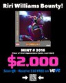 A promotional graphic titled 'Riri Williams Bounty!' showing a Marvel Rivals character with a bounty of $2,000 and note 'MVP & 3 Kills' using VEC currency.