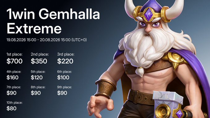 The image promotes a "1win Gemhalla Extreme" tournament running from August 19-20, 2026, with a prize pool where 1st place wins $700, down to $80 for 10th place, alongside a fierce horned warrior character holding a gem-topped hammer.