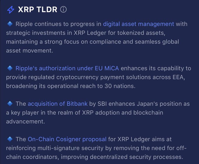 The image displays an "XRP TLDR" (Too Long; Didn't Read) summary card with four bullet points highlighting Ripple's progress in digital asset management, its EU MiCA authorization expanding operations to 30 EEA nations, SBI's acquisition of Bitbank advancing XRP adoption in Japan, and the On-Chain Cosigner proposal for multi-signature security on XRP Ledger, providing a quick overview to accompany the daily XRP update.