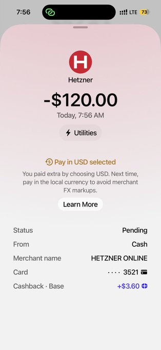 A screenshot of a payment confirmation from the Plasma app showing a pending -$120.00 USD charge to Hetzner Online for utilities, with a 3% cashback bonus of +$3.60 earned on the transaction.