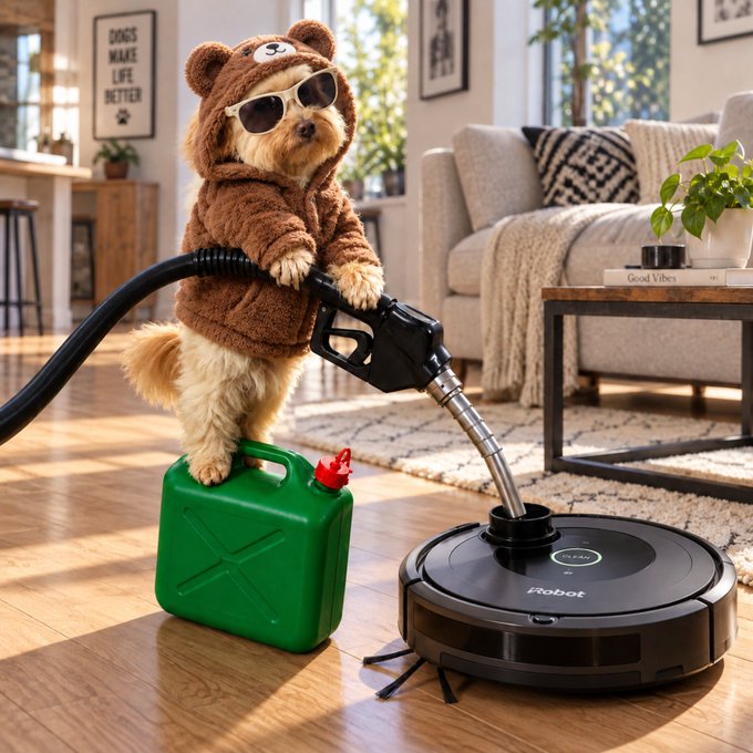 A small dog dressed in a brown bear hoodie and sunglasses standing on a green gas can while operating a robot vacuum in a living room.