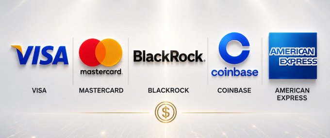 The image displays the logos of Visa, Mastercard, BlackRock, Coinbase, and American Express arranged in a row, representing the major financial and crypto firms collaborating to jointly issue the stablecoin $OUSD, as announced in the breaking news.