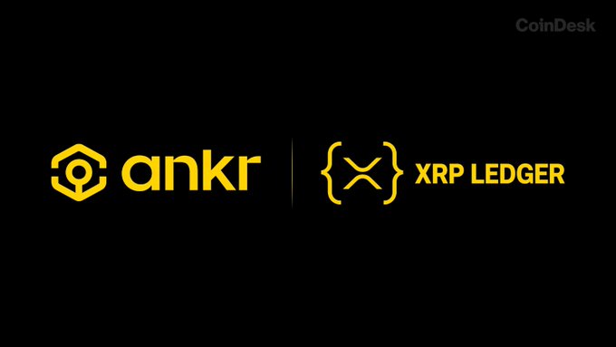 The image displays a black background featuring the yellow logos of "ankr" on the left and "XRP LEDGER" on the right, separated by a vertical line, with a "CoinDesk" watermark in the top right corner. It visually reinforces the announcement of Ankr providing institutional-grade RPC infrastructure for the XRP Ledger, highlighting the partnership between the two entities.