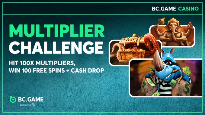 A BC.GAME Casino promotional banner advertising a 'MULTIPLIER CHALLENGE' where players can hit 100X multipliers to win 100 free spins plus a cash drop, featuring imagery of a treasure chest, a Ganesha idol, and a rhino character.
