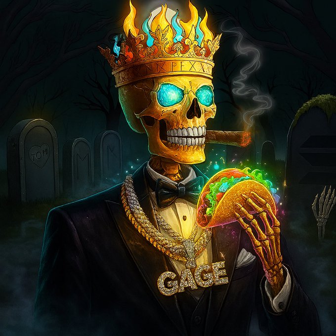 A digital illustration depicts a golden skull with glowing blue eyes, wearing a flaming crown, a tuxedo with a "CAGE" diamond necklace, and smoking a cigar while holding a glowing taco, set in a graveyard.