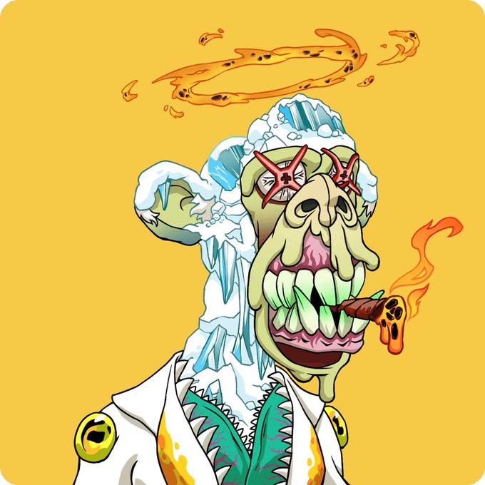 A digital illustration of a grotesque green-skinned character with a skull face, smoking a cigar with a halo of flames above its head, set against a yellow background.