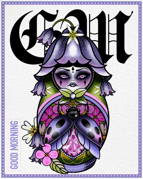 An illustrated greeting card with gothic-style 'GOOD' lettering at the top and a vertical 'GOOD MORNING' label, featuring a stylized purple-haired female character with a large purple beetle and pink flowers.