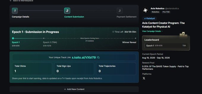 A dashboard screenshot from the Kaito platform showing the 'Axis Content Creator Program: The Katalyst for Physical AI' by Axis Robotics (@axisrobotics), displaying campaign progress with statistics of 1 click, 0 sign-ups, and 0 trajectories.