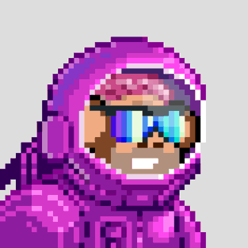 A pixel art portrait of a chimp character wearing a purple hoodie and rainbow sunglasses, representing a Space Punks Club NFT chimpified by @mstrchimpo, whose pixel art skills are praised in the accompanying post.