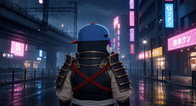 A figure dressed in samurai armor and a blue cap stands facing away, looking down a neon-lit Japanese street with signs displaying Japanese text like 'コプン' and '酵素サ'.