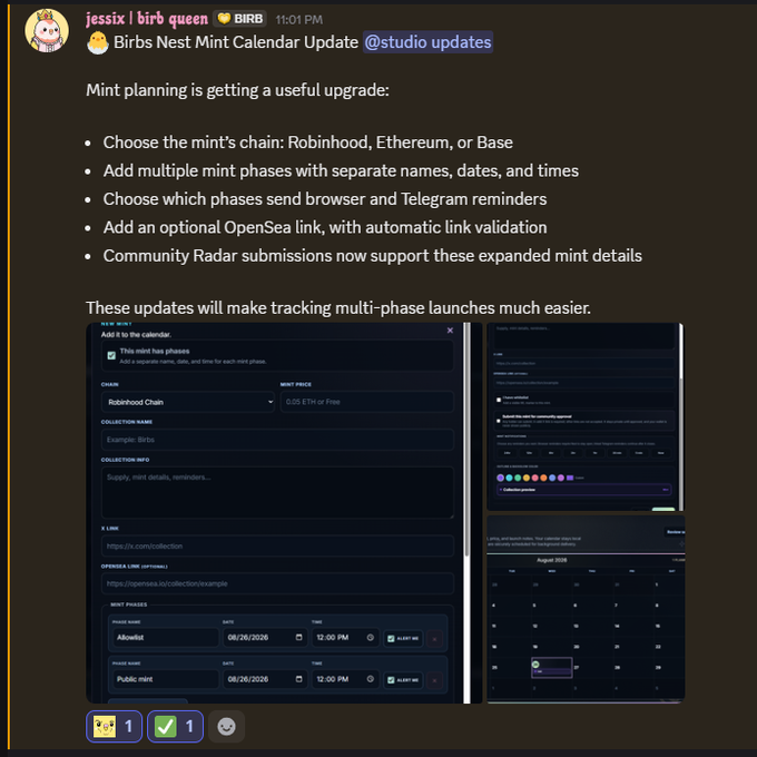 A Discord-style announcement from 'jessix | birb queen' titled 'Birbs Nest Mint Calendar Update' detailing new mint planning features with screenshots of the interface.