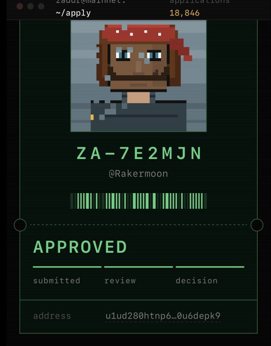 A digital interface styled like a receipt showing an 'APPROVED' status for the username '@Rakermoon' with a pixel art avatar of a person wearing a red bandana.