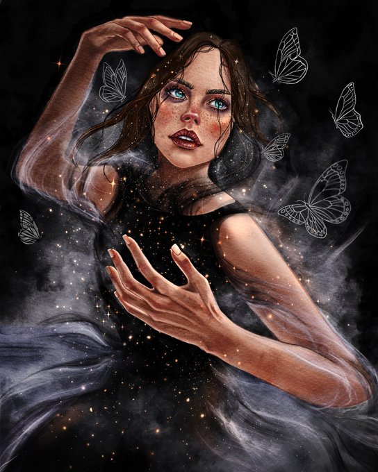 Digital fantasy artwork depicting a woman with freckles and blue eyes surrounded by ethereal smoke, golden sparkles, and white line-drawn butterflies against a dark background.