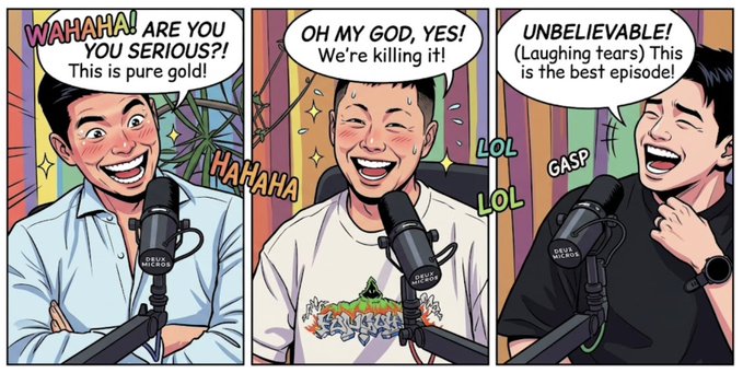 A vibrant three-panel comic illustration shows three male hosts in a colorful striped studio, each laughing hysterically while speaking into "Behind the Micro" podcast mics, with speech bubbles reading "WAHAHA! ARE YOU SERIOUS?! This is pure gold!", "OH MY GOD, YES! We're killing it!", and "UNBELIEVABLE! (Laughing tears) This is the best episode!"

The image captures the energetic, joy-filled atmosphere of "face(east)," a new Korean crypto podcast where industry veterans engage in an hour-and-a-half of lively, in-depth "chatter," visually echoing the post's excitement about this fresh and authentic entry into Korea's podcasting scene.
