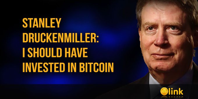 A thumbnail-style image showing a portrait of Stanley Druckenmiller on the right with bold yellow text reading 'STANLEY DRUCKENMILLER: I SHOULD HAVE INVESTED IN BITCOIN' on the left, branded with 'OLINK' at the bottom.