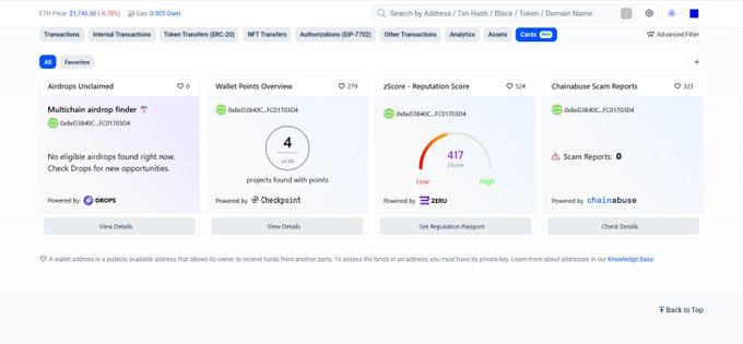 The image shows a screenshot of an app screen displaying information about wallet reputation, trust score, and risk level. There are multiple details such as a scale for both reputation scores and trust levels, along with reports like transaction activity, user profile data, and user preferences, among others. The text in the post provides context on how to use this feature, which helps users better understand and navigate the app's interface.
