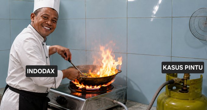 A smiling chef in uniform cooks with a flaming wok, labeled 'INDODAX' on the left, with a gas cylinder connected by a hose on the right labeled 'KASUS PINTU'.