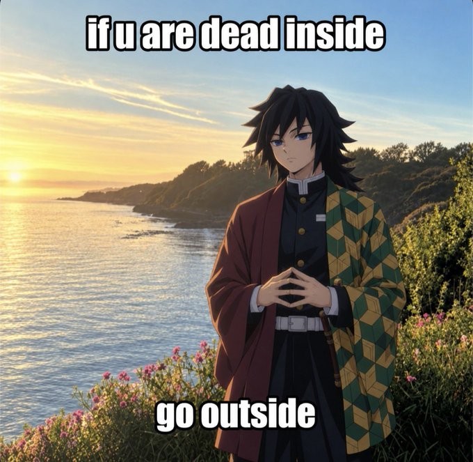 An anime character (Tomioka Giyuu from Demon Slayer) standing by the ocean at sunset, with text reading 'if u are dead inside go outside'.