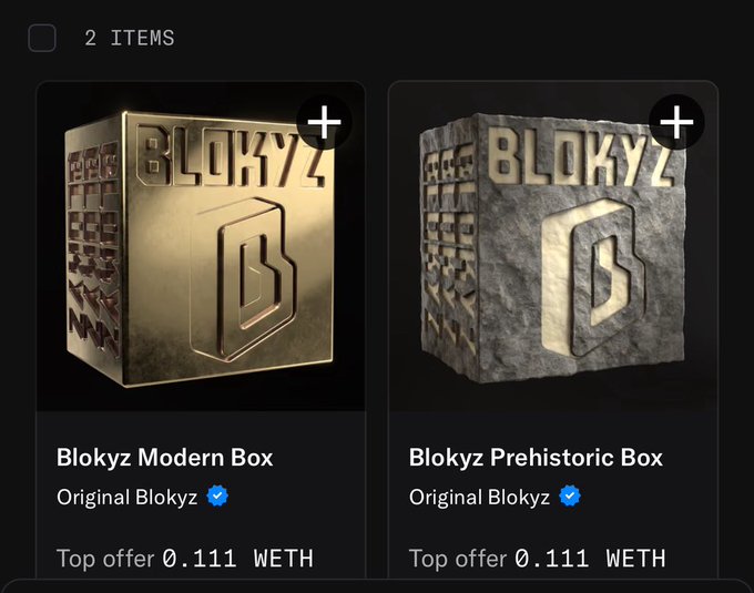 Digital marketplace listing showing two NFTs: 'Blokyz Modern Box' and 'Blokyz Prehistoric Box' by Original Blokyz, each with a top offer of 0.111 WETH.