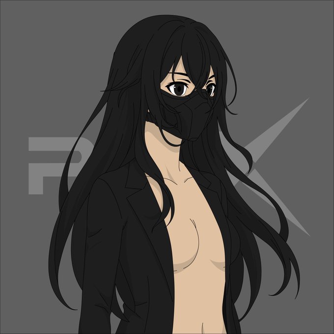 An anime-style illustration of a female character with long black hair, wearing a black blazer and a black face mask that covers the lower half of her face.