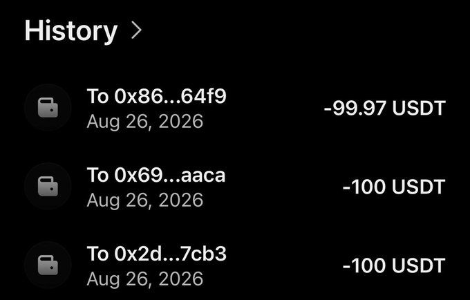A transaction history screenshot showing three outgoing USDT transfers of -99.97, -100, and -100 on Aug 26, 2026 to wallet addresses starting with 0x86...64f9, 0x69...aaca, and 0x2d...7cb3, likely depicting the distribution of USDT rewards to the winners (@actan0x, @su786e, @tachinotfound).