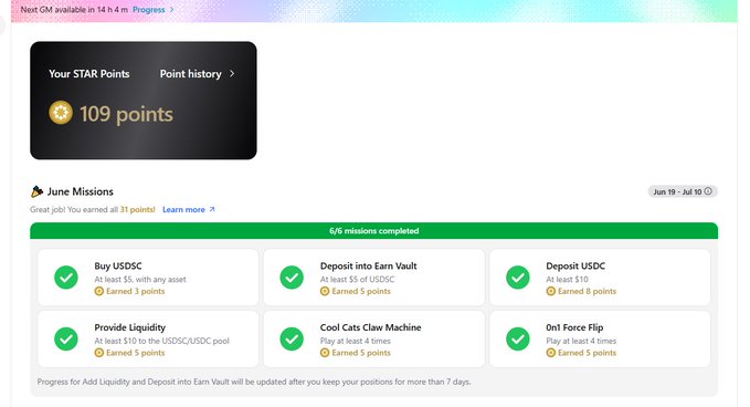 Crypto rewards dashboard showing 109 STAR Points earned and 'June Missions' (Jun 19 - Jul 10) with 6/6 missions completed including Buy USDC, Deposit into Earn Vault, Deposit USDC, Provide Liquidity, Cool Cats Claw Machine, and Owl Force Flip.