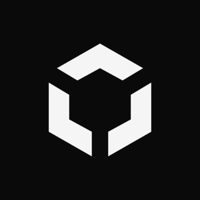 A minimalist white geometric logo resembling a stylized cube or hexagon on a solid black background.