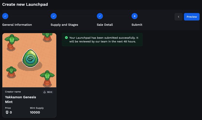 A screenshot of a 'Create new Launchpad' submission confirmation page for a digital asset called 'Yakkamon Genesis Mint' priced at 0 with a mint supply of 10000.