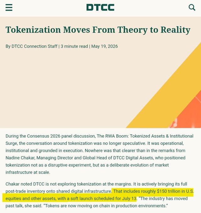 A DTCC article dated May 19, 2026, titled "Tokenization Moves From Theory to Reality," highlights Managing Director Nadine Chakar's announcement that DTCC is moving roughly $150 trillion in U.S. equities and other assets onto shared digital infrastructure, with a soft launch scheduled for July 13. The image supports the accompanying post's emphasis on DTCC's imminent tokenization rollout, occurring just five days before the scheduled start of the service.
