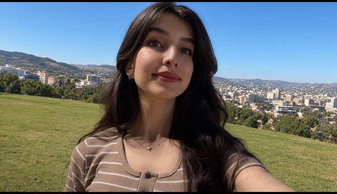 A selfie of a young woman with long dark hair outdoors, with a sprawling city and hills visible in the background under a clear blue sky.