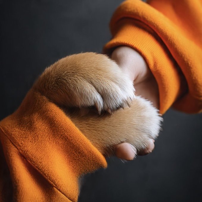 A close-up of two hands clasped together, one adorned with soft fur trim peeking out from an orange sleeve. The warm, cuddly imagery evokes the playful mascot vibe fitting for the "$DOG @Bitcoin" post, highlighting community bonding in the crypto space.