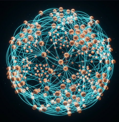 A 3D digital illustration of a spherical network of glowing blue lines connecting copper-colored nodes against a black background.