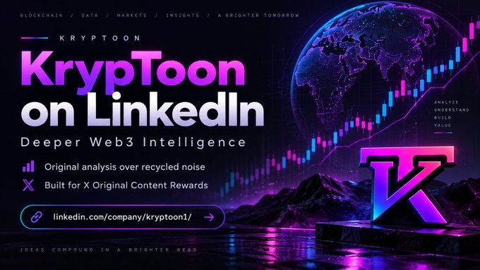A dark, vibrant promotional graphic for 'KrypToon on LinkedIn' with the tagline 'Deeper Web3 Intelligence,' featuring neon pink and purple text, a 3D 'TR' logo, and a globe with stock market chart visualizations in the background.